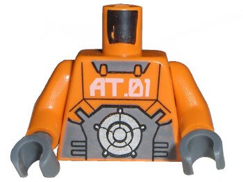 LEGO part Torso Exo-Force with 'AT.01' Pattern / Orange Arms / Dark Bluish Gray Hands (973pb0407c01)