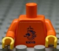 LEGO part Torso Soccer Dutch National Player, KNVB Logo Sticker Front, Black/White Number Sticker Back Pattern (specify number in listing) / Orange Arms / Yellow Hands 973pb0770c01