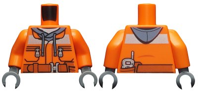 LEGO part Torso Construction Jacket over Sand Blue Hoodie, Reflective Stripe, Zipper Pockets, Dark Orange Belt with Pouch and Radio Pattern / Orange Arms / Dark Bluish Gray Hands (973pb1895c01)