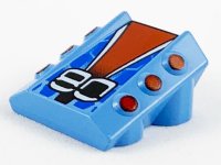 LEGO part Stein, Modified 2 x 2 No Studs, Sloped with 6 Side Pistons Raised and '80', Red, White, Black, and Blue Pattern 30603pb11