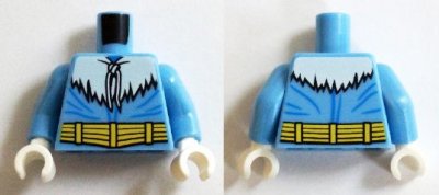LEGO part Torso Winter Jacket with Fur, Strings and Yellow Belt Pattern (Captain Cold) / Medium Blue Arms / White Hands (973pb1856c01)
