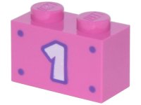 LEGO part Brick 1 x 2 with White Number 1 with Dark Purple Outline and 4 Dots Pattern 3004pb260