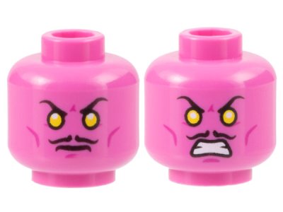 LEGO part Minifigure, Head Dual Sided Thin Black Moustache, Yellow Eyes, Magenta Cheek Lines and Chin Dimple, Frown / Bared Teeth Pattern (3626pb1269)