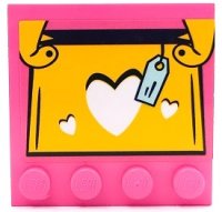 LEGO part Tile, Modified 4 x 4 with Studs on Edge with Yellow and Black Handbag with White Hearts and Light Aqua Price Tag Pattern (Sticker) - Set 41450 6179pb234