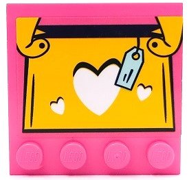 LEGO part Tile, Modified 4 x 4 with Studs on Edge with Yellow and Black Handbag with White Hearts and Light Aqua Price Tag Pattern (Sticker) - Set 41450 (6179pb234)