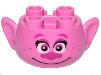 LEGO part Minifigure, Head, Modified Trolls with Magenta Eyebrows, Eyes, Eye Shadow, and Nose, Black Eyelashes, Metallic Pink Freckles, Grin Pattern 65461pb01