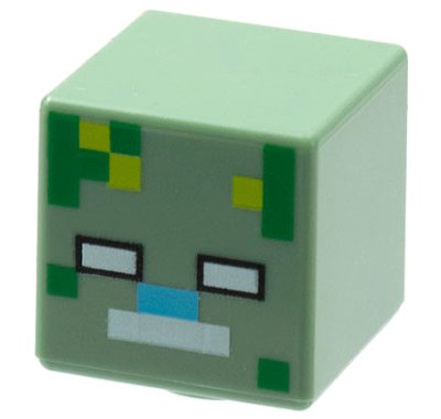 LEGO part Minifigure, Testa, Cubo Modificato con Motivo Occhi e Bocca Pixelati Bianchi, Naso Blu Medio e Motivo Macchie Verde e Lime (Zombie Annegato Minecraft) (19729pb046)