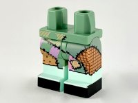 LEGO part Hips and 1 Nougat Left Leg, 1 Sand Green Right Leg with Light Aqua Boots, Multicolor Ragdoll Patchwork, Black Toes Pattern 970d45pb01