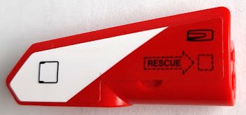 LEGO part Technic, Verkleidungspanel #21 sehr klein glatt, Seite B mit schwarzem 'RESCUE' in Pfeil, Luke und Türgriff auf rot und weißem Streifenmuster (Aufkleber) - Set 42092 (11946pb073)