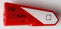 LEGO part Technic, Panel Fairing #22 Very Small Smooth, Side A with Black 'RESCUE' in Arrow, Hatch, and Door Handle on Red and White Stripe Pattern (Sticker) - Set 42092 11947pb073