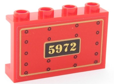 LEGO part Panneau 1 x 4 x 2 with Side Supports - Hollow Studs with Gold '5972', Black Rivets and Gold Borders on Red Background Pattern (Sticker) - Set 75955 (14718pb022)