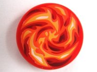 LEGO part Tile, Round 2 x 2 with Bottom Stud Holder with Dark Red, Orange, Red, White and Yellow Swirled Fire Pattern 14769pb021