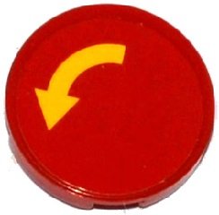 LEGO part Tile, Round 2 x 2 with Bottom Stud Holder with Yellow Curved Arrow on Red Background Pattern (Sticker) - Set 60075 (14769pb064)