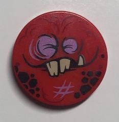 LEGO part Tile, Round 2 x 2 with Bottom Stud Holder with Globlin Face with 2 Jagged Teeth and 1 Fang Pattern (14769pb110)