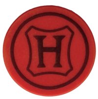 LEGO part Tile, Round 2 x 2 with Bottom Stud Holder with Wax Seal with Hogwarts Crest, Dark Red Capital Letter H and Border Pattern 14769pb788