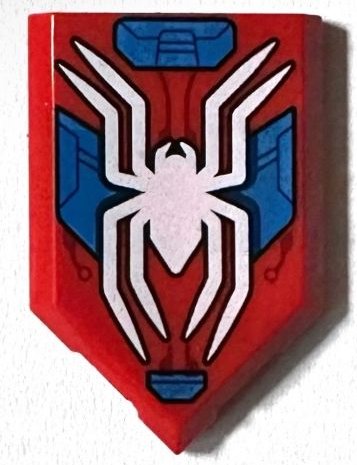 LEGO part Tuile, Modifiée 2 x 3 Pentagonale avec Motif Araignée Blanche, Plaques d'Armure Bleu, Circuiterie Rouge Rougeâtre (22385pb367)