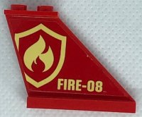 LEGO part Tail 4 x 1 x 3 with Bright Light Yellow and Red Fire Logo Badge and 'FIRE-08' Pattern on Both Sides (Stickers) - Set 60216 2340pb071