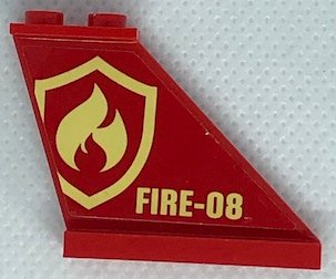 LEGO part Tail 4 x 1 x 3 with Bright Light Yellow and Red Fire Logo Badge and 'FIRE-08' Pattern on Both Sides (Stickers) - Set 60216 (2340pb071)