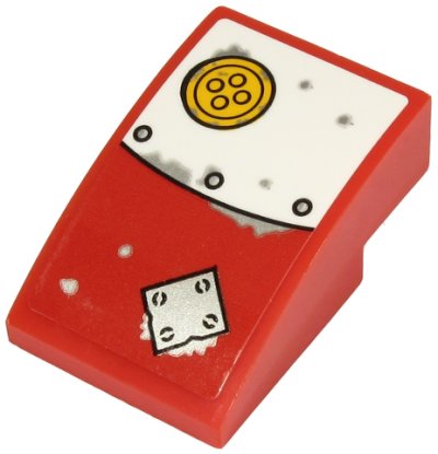 LEGO part Schräge, gewölbt 3 x 2 mit weiß- und geflickter roter Metallplatte und gelbem Knopf Muster (Aufkleber) - Set 70432 (24309pb017)