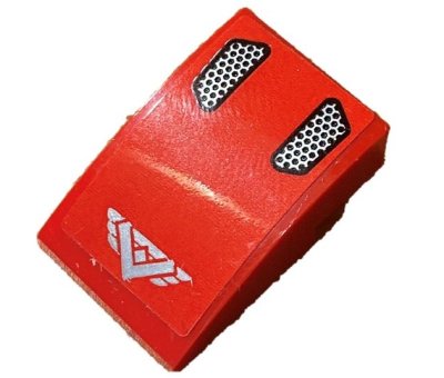 LEGO part Schräge, gewölbt 3 x 2 mit silbernem 'V' und Lufteinlässen auf rotem Hintergrund Muster (Aufkleber) - Set 60240 (24309pb030)