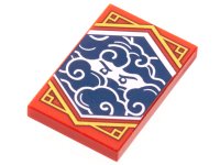 LEGO part Tile 2 x 3 with White Stern Eyes and Clouds on Dark Blue Background with Gold Trim Pattern (Ninjago Stealth Banner) 26603pb214