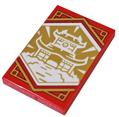 LEGO part Tile 2 x 3 with White Dojo Temple on Gold Background with Gold Trim Pattern (Ninjago Wisdom Banner) (26603pb220)