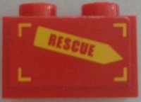 LEGO part Brick 1 x 2 with 'RESCUE' on Yellow Arrow Pattern Model Right Side (Sticker) - Set 60010 3004pb157R