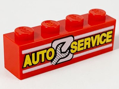 LEGO part Stein 1 x 4 mit 'AUTO SERVICE'- und Schraubenschlüssel-Muster (3010px5)