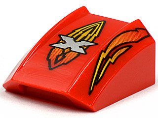 LEGO part Slope, Curved 2 x 2 Lip with Island Xtreme Stunts Logo and Flames Pattern (30602pb002)