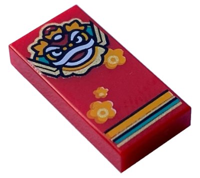 LEGO part Tile 1 x 2 with Bright Light Orange, White, Dark Turquoise and Gold Lion / Nian Head, Flowers and Stripes Pattern (3069pb1064)