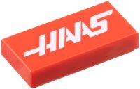 LEGO part Tile 1 x 2 with White 'HAAS' Pattern 3069pb1371