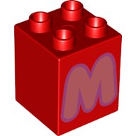 LEGO part Duplo, Stein 2 x 2 x 2 mit Coral Großbuchstabe M mit Medium Lavender Outline Muster (31110pb155)