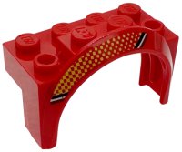LEGO part Vehicle, Mudguard 4 x 2 1/2 x 2 with Arch Round with Black, White and Dark Red Stripes, Bright Light Orange Dots and Checkered Pattern Model Left Side 3387pb01L