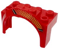 LEGO part Vehicle, Mudguard 4 x 2 1/2 x 2 with Arch Round with Black, White and Dark Red Stripes, Bright Light Orange Dots and Checkered Pattern Model Right Side 3387pb01R