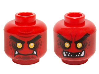 LEGO part Minifigure, Head Dual Sided Alien Black Eyebrows, Yellow Eyes, Dark Red Spots, 2 Fangs, Closed Mouth / Open Mouth Teeth Pattern (3626pb1488)