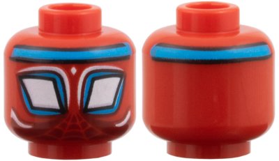 LEGO part Minifigure, Head Alien with Spider-Man Large White Diamond Eyes with Dark Azure Borders and Headband, Webbing and Highlights on Dark Red Background Pattern (3626pb3945)