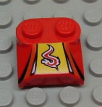 LEGO part Slope, Curved 2 x 2 x 2/3 with 2 Studs and Curved Sides, Lip End with Red/White Flame on Yellow, Black Stripes Pattern 41855pb08