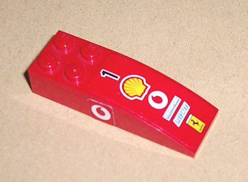 LEGO onderdeel Slope, Curved 6 x 2 with Number 1, Shell, Vodafone, Olympus, Fiat, and Ferrari Logos on Top, Vodafone Logo on Both Sides Pattern (Stickers) - Sets 8362 / 8375 / 8654 (44126pb001)