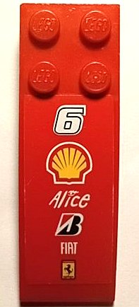LEGO part Slope, Curved 6 x 2 with Number 6, Shell, Alice, Bridgestone, Fiat, and Ferrari Logos Pattern (Sticker) - Set 8144-2 (44126pb058)