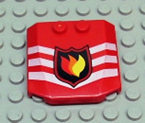 LEGO part Wedge 4 x 4 x 2/3 Triple Curved with Fire Logo Badge and 3 White Chevrons Pattern (45677px1)