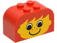 LEGO part Slope, Curved 4 x 2 x 2 Double with 4 Studs with Yellow Face with Eyes, Freckles, and Smile Pattern 4744px3