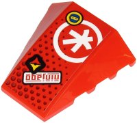 LEGO part Wedge 4 x 4 Triple Curved No Studs with Red 'ninjago', White Ninjago K Symbol in Circle and Face on Yellow Circle Pattern (Sticker) - Set 71707 47753pb094