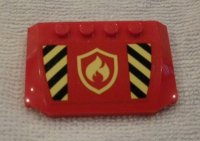 LEGO onderdeel Wedge 4 x 6 x 2/3 Triple Curved with Black and Yellow Danger Stripes and Fire Logo Badge Pattern (Sticker) - Set 60214 52031pb146