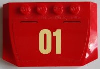 LEGO part Wedge 4 x 6 x 2/3 Triple Curved with Bright Light Yellow '01' on Red Background Pattern (Sticker) - Set 60215 52031pb172
