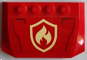 LEGO part Wedge 4 x 6 x 2/3 Triple Curved with Bright Light Yellow and Red Fire Logo Badge Pattern (Sticker) - Set 60215 (52031pb173)