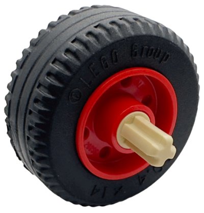 LEGO part Wheel 18mm D. x 14mm with Pin Hole, Fake Bolts and Shallow Spokes with Black Tire 30.4 x 14 Solid with Tan Technic, Axle 1L with Pin without Friction Ridges (55981 / 58090 / 3749) (55981c09)