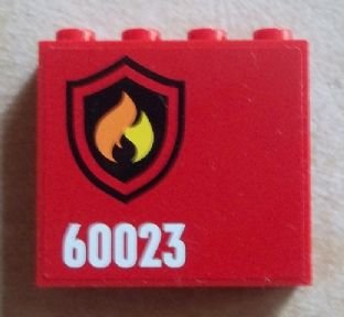 LEGO part Panel 1 x 4 x 3 with Side Supports - Hollow Studs with Black and Yellow Fire Logo Badge and '60023' Pattern Model Left (Sticker) - Set 60023 (60581pb028L)