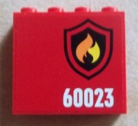 LEGO part Panel 1 x 4 x 3 with Side Supports - Hollow Studs with Black and Yellow Fire Logo Badge and '60023' Pattern Model Right (Sticker) - Set 60023 60581pb028R