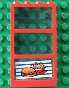 LEGO part Window 1 x 4 x 6 with 3 Panes with Fixed Trans-Light Blue Glass with Hamburger and French Fries Pattern (Sticker) - Set 4556 (6160c03pb04)