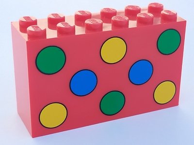 LEGO part Brick 2 x 6 x 3 with Green, Yellow and Blue Dots Pattern (6213p02)